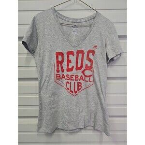 Majestic Women's Cincinnati Reds Baseball Club V-Neck T-Shirt Large Gray